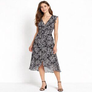 A New Day Ebony White Floral Print Surplice Front Sleeveless Dress Womens Small